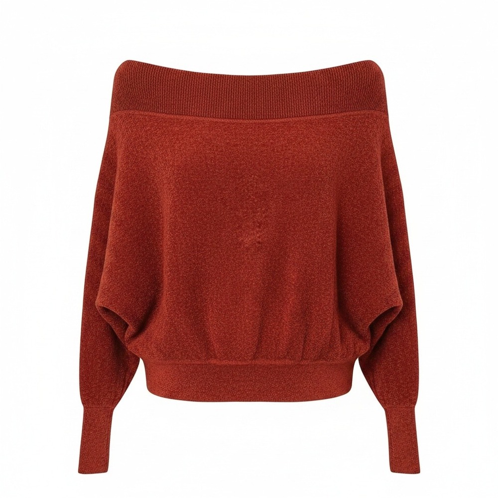Free People Cozy Chic Red Off-the-Shoulder Boatneck Sweater Chenille feel Small